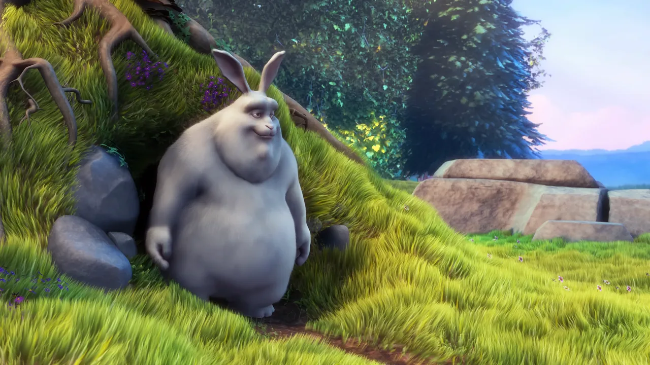 Big Buck Bunny standing outside his burrow on a grassy hill